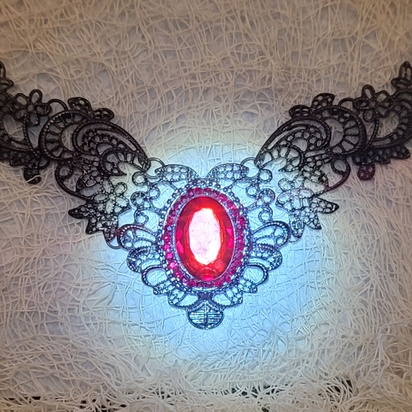 Black Filigree Necklace w/ Red Stones - Picture 3 of 6